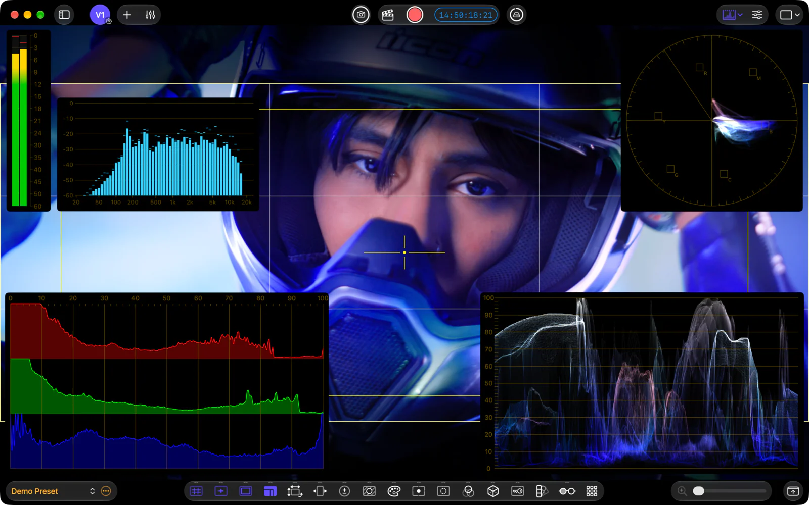 CineMon 2.0 on Mac: live picture with audio levels, band spectrum, vectorscope, RGB histogram, and waveform